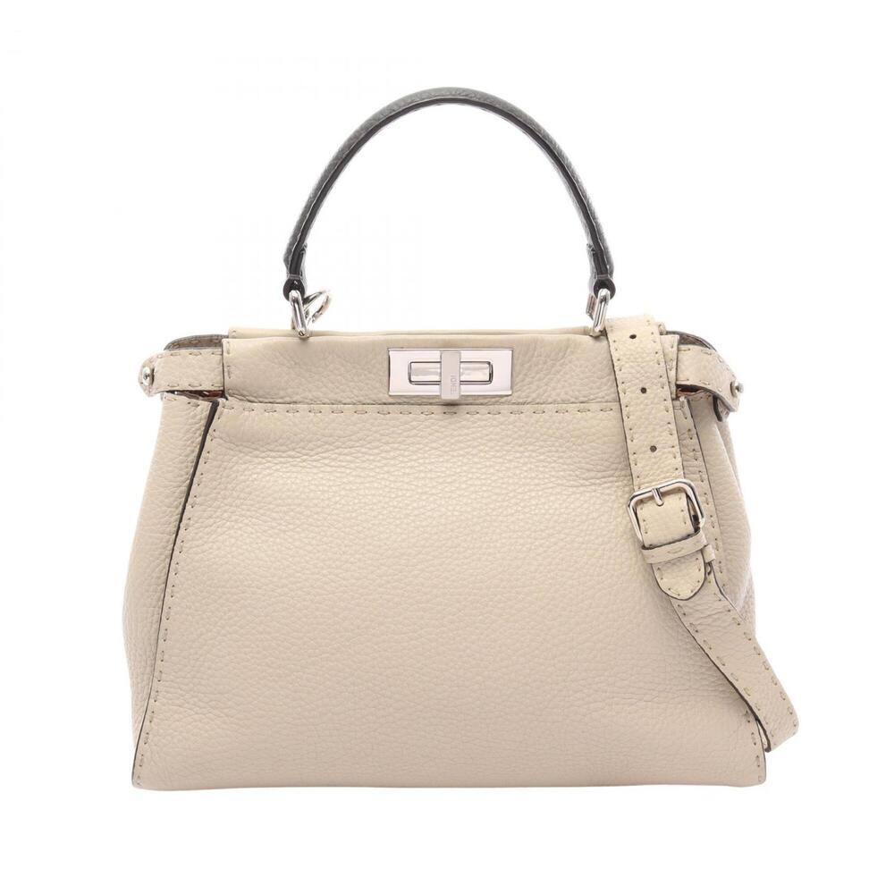 Fendi Peekaboo Regular 2-Way Handbag, Leather, Women's, Ivory/Gray, 8BN290